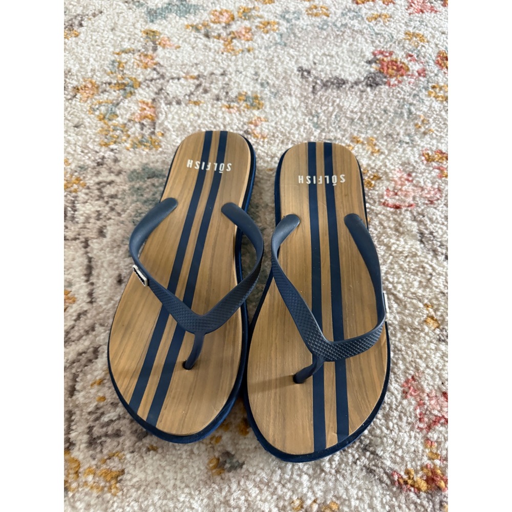Solfish Mens Flip Flop Sandals Navy Blue Striped‎ Wood Grain Print Size L 11-12